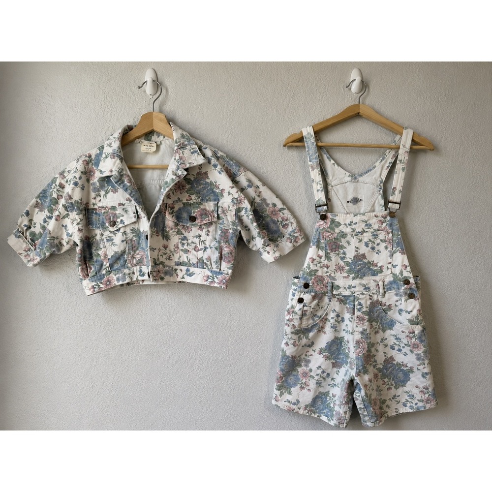 Vintage 90s Wet‎ Seal 2 Piece Floral Denim Shortalls Cropped Jacket Set USA M